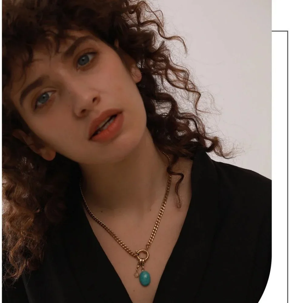 NEW 18K Gold Plated Oval Turquoise Circle Link Chain Necklace